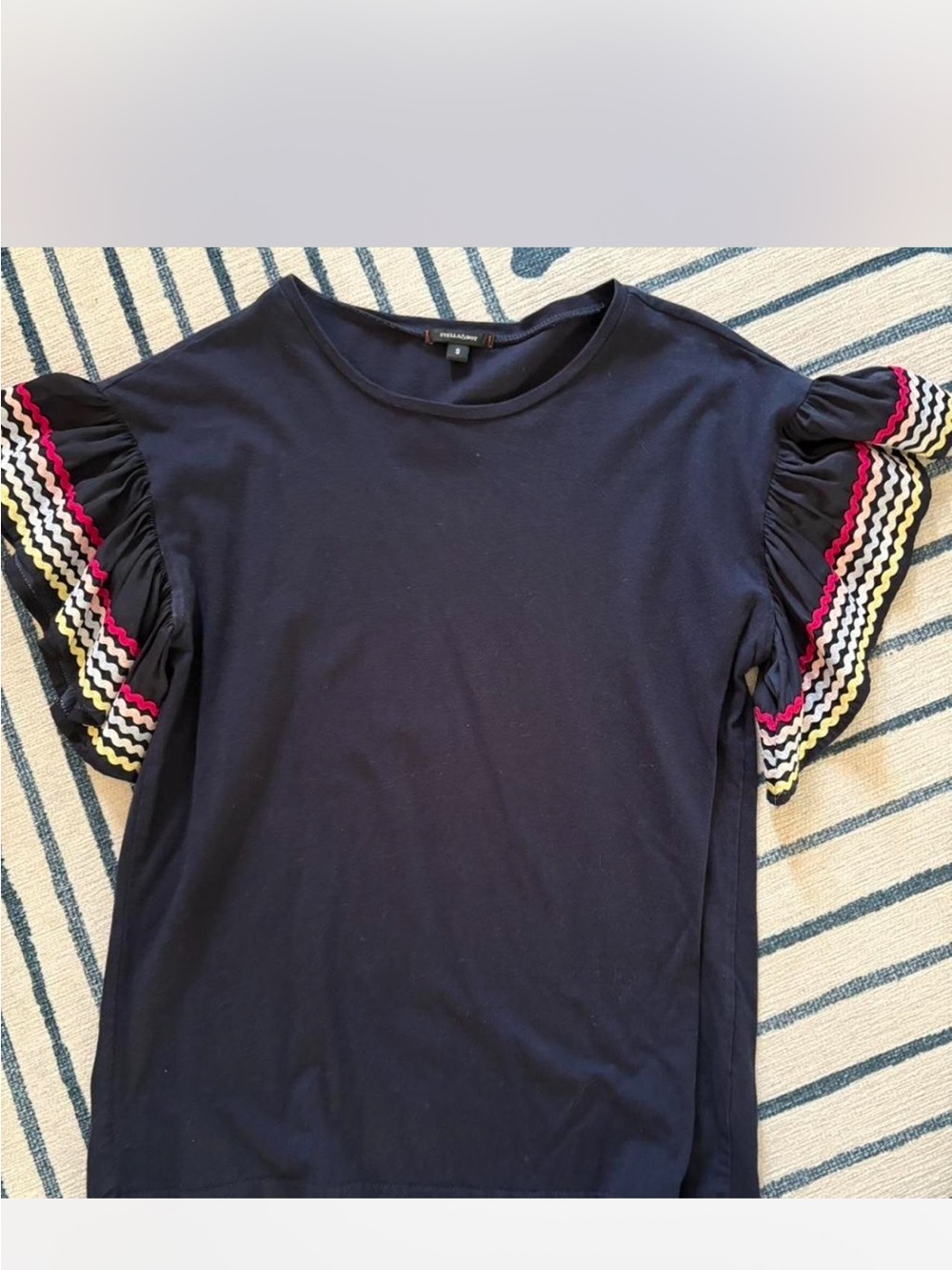 Stella & Dot Navy Short Sleeve Top with Pink, Yellow & White Trim